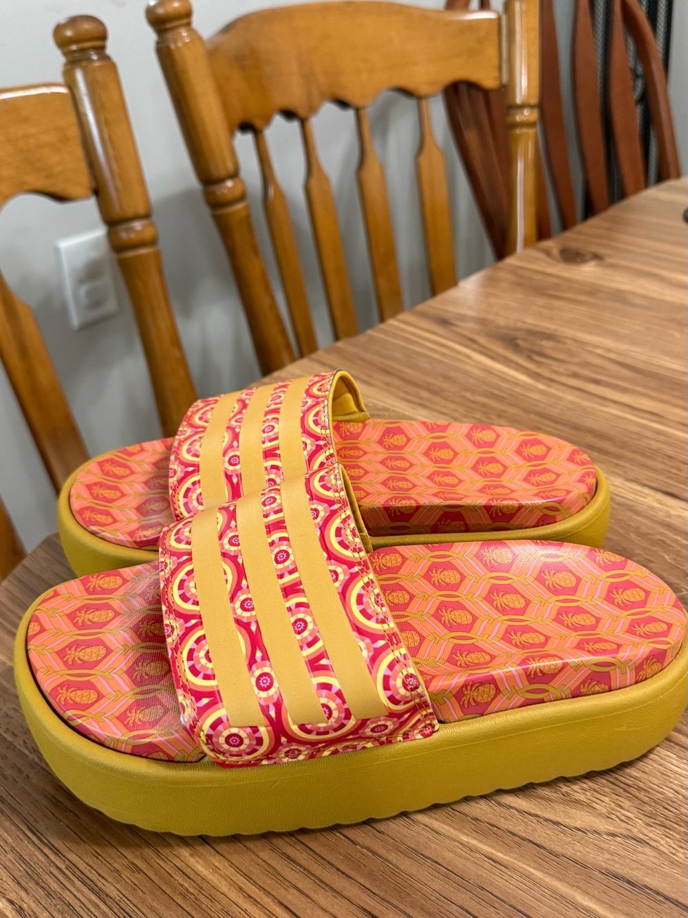 adidas Women’s Pink & Yellow Patterned Slide Sandals